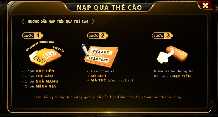 Nạp tiền qua thẻ cào an toàn, tiện lợi.